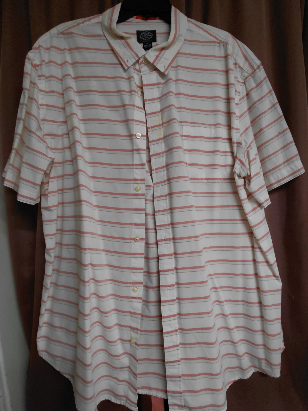 St. John's Bay White Short Sleeve Button-Down with Coral Stripes